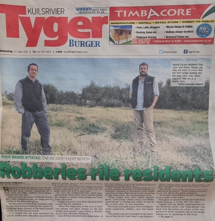 Tygerburger newspaper clipping, 27 July 2016, headlined Robberies rile residents