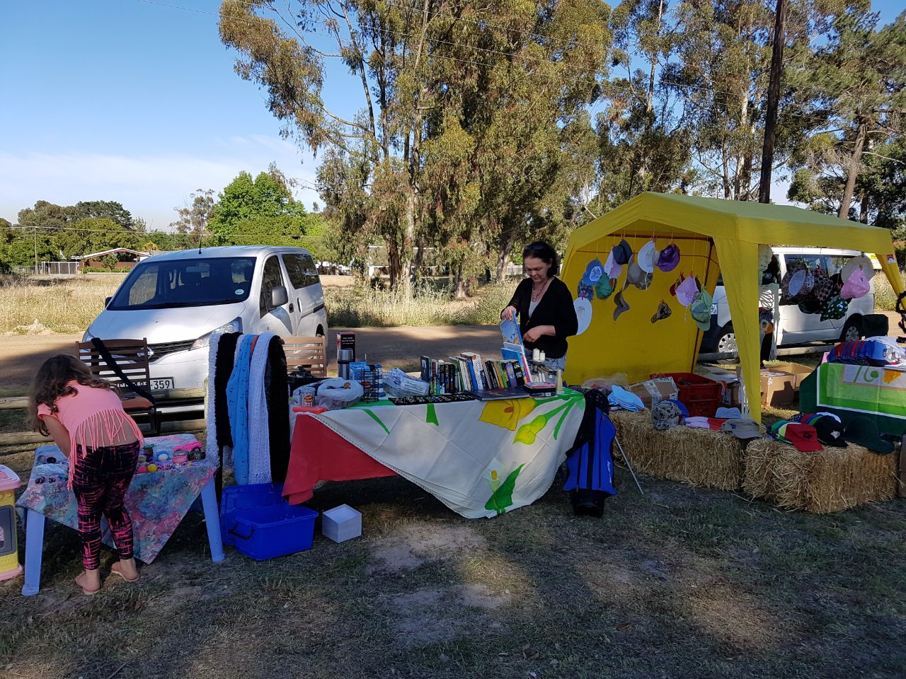 Books, hats and household items on hay-bale display at the Penhill Market Initiative